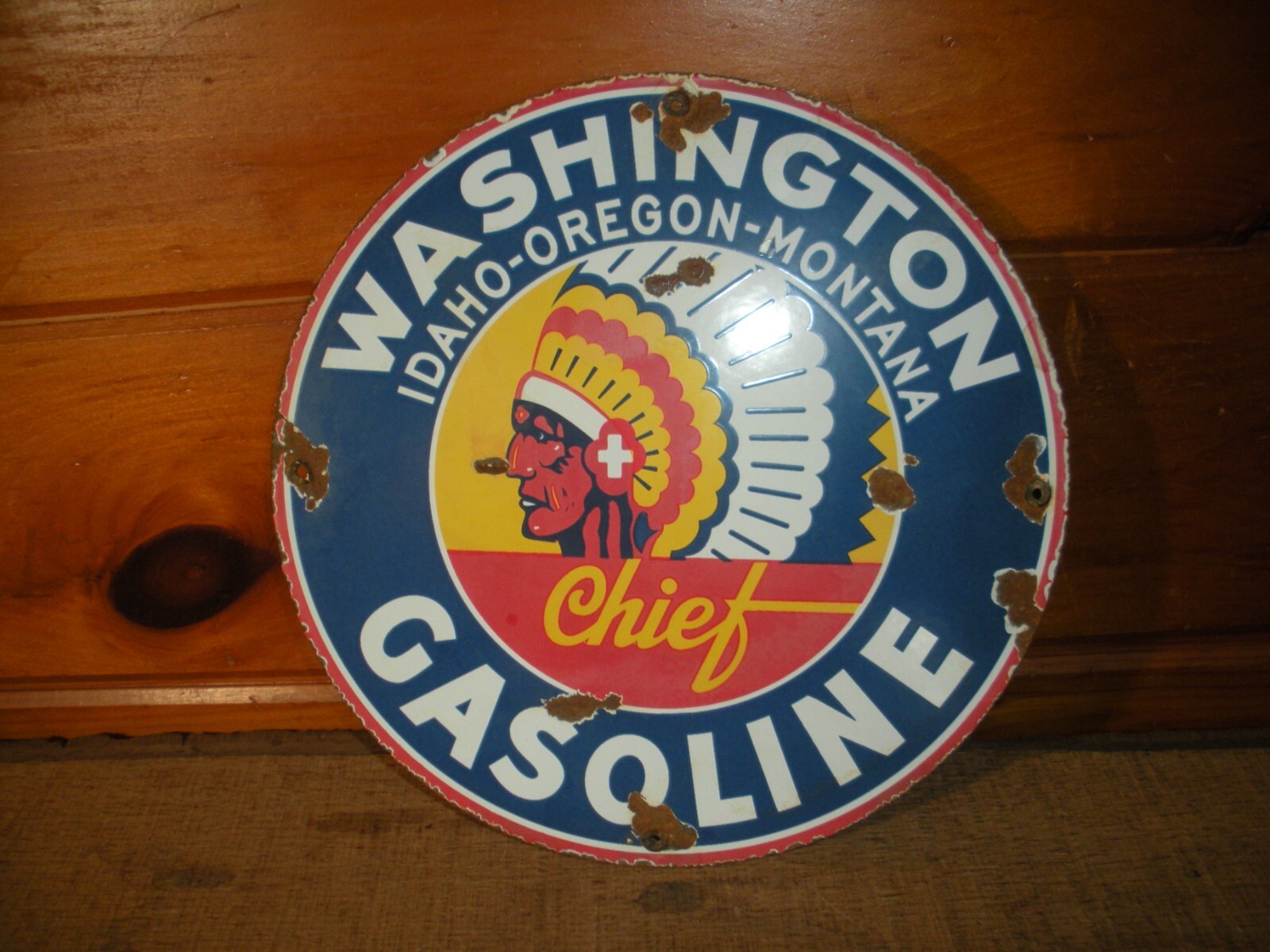 Vintage Idaho Gasoline Sign – Indian Chief Gas Motor Oil Pump Porcelain Sign