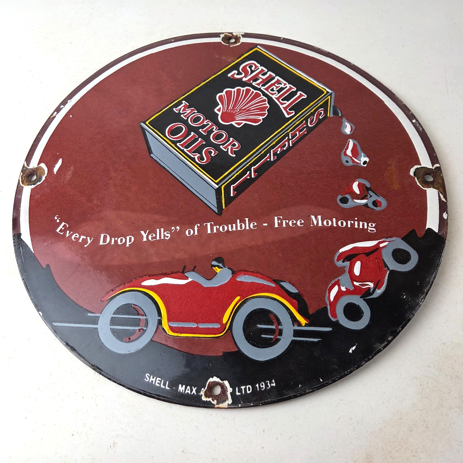 Vintage Shell Gasoline Sign – Free Motoring Gas Oil Pump Plate Porcelain Sign