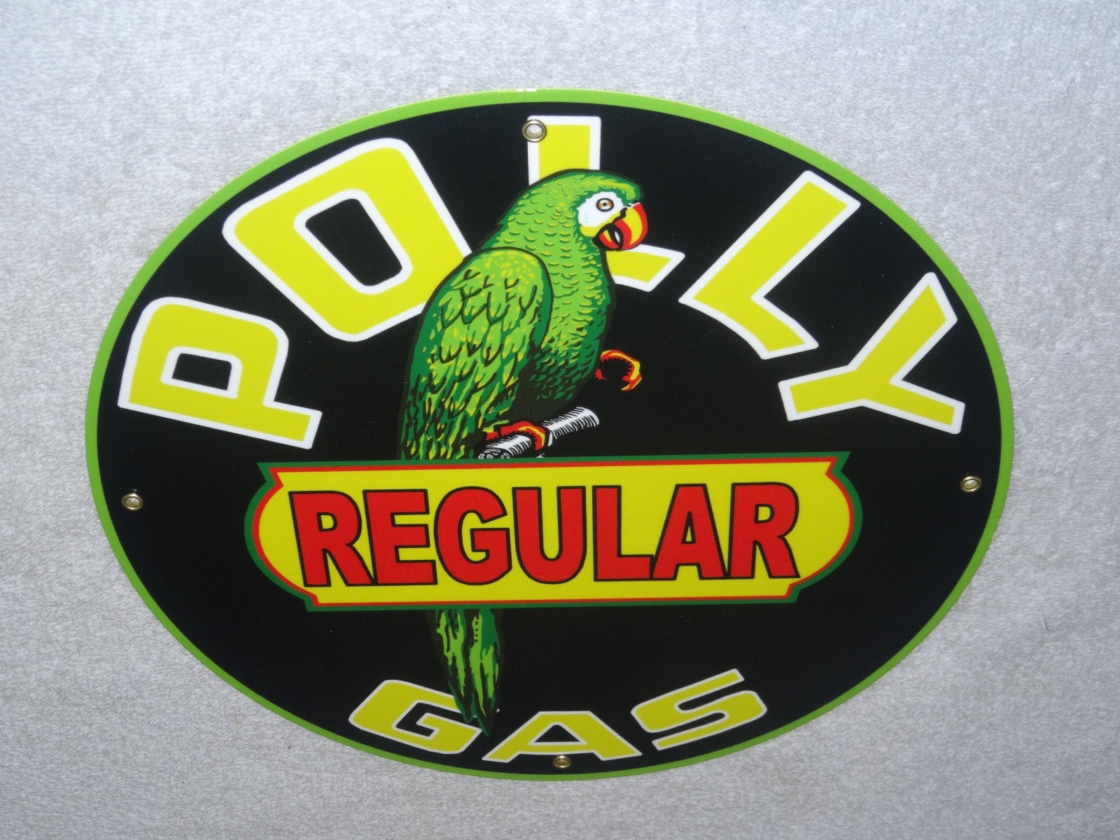 VINTAGE POLLY REGULAR GAS PARROT 🦜 11 3/4″ PORCELAIN METAL GASOLINE & OIL SIGN