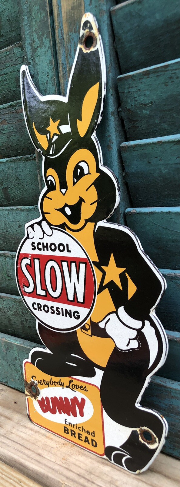 VINTAGE BUNNY BREAD 11” PORCELAIN SLOW SCHOOL CROSSING EVERYBODY LOVES SIGN