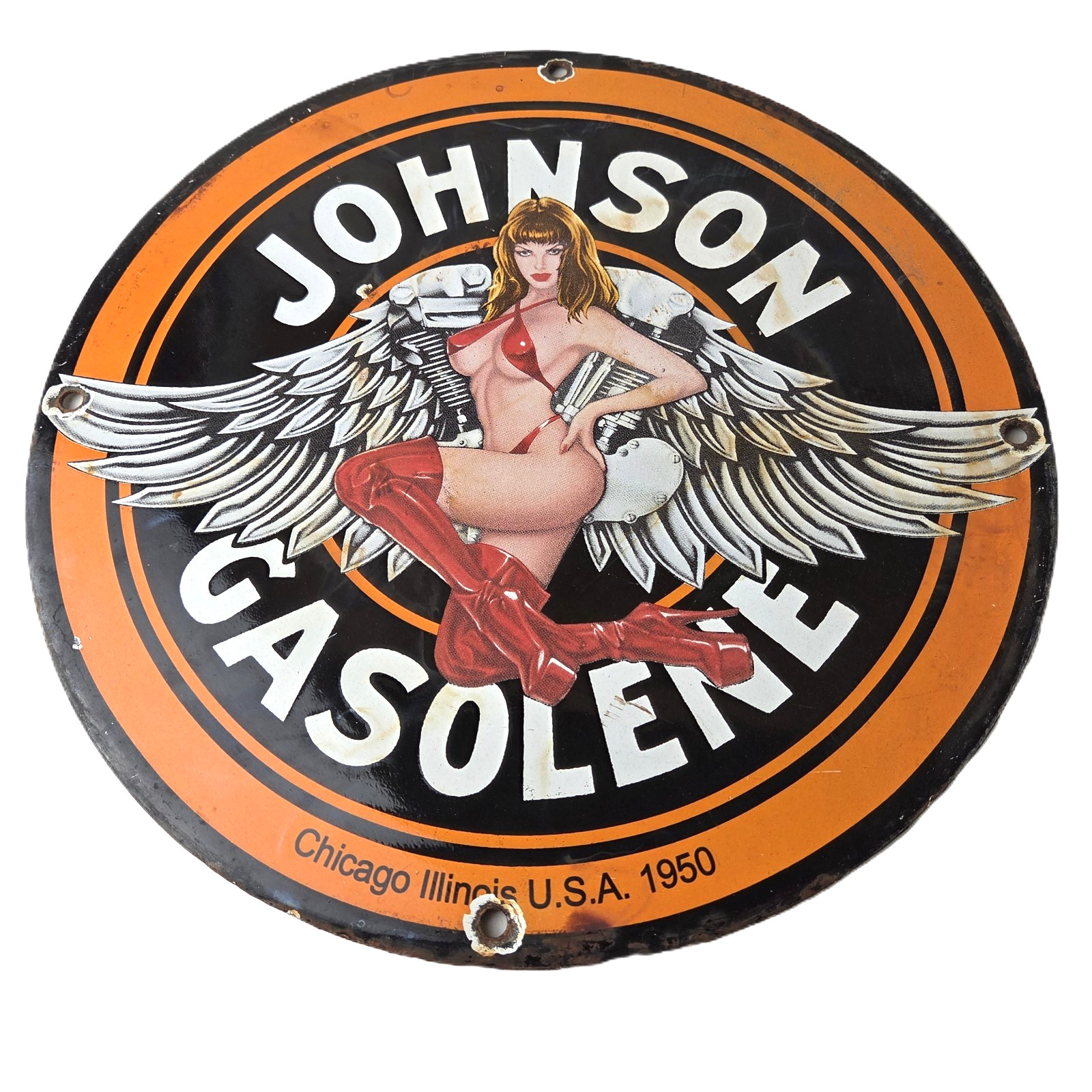 Vintage Johnson Gasoline Sign – Gas Motor Oil Pump Porcelain Pinup Girl Sign