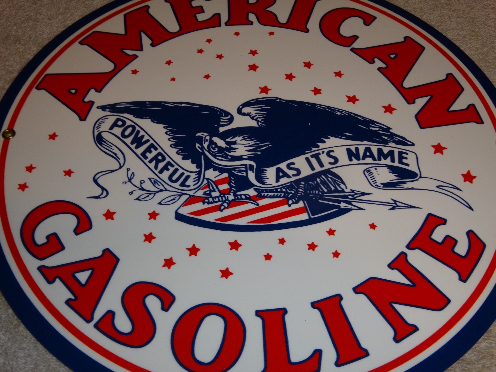 VINTAGE AMERICAN GASOLINE POWERFUL EAGLE 11 3/4″ PORCELAIN METAL GAS & OIL SIGN