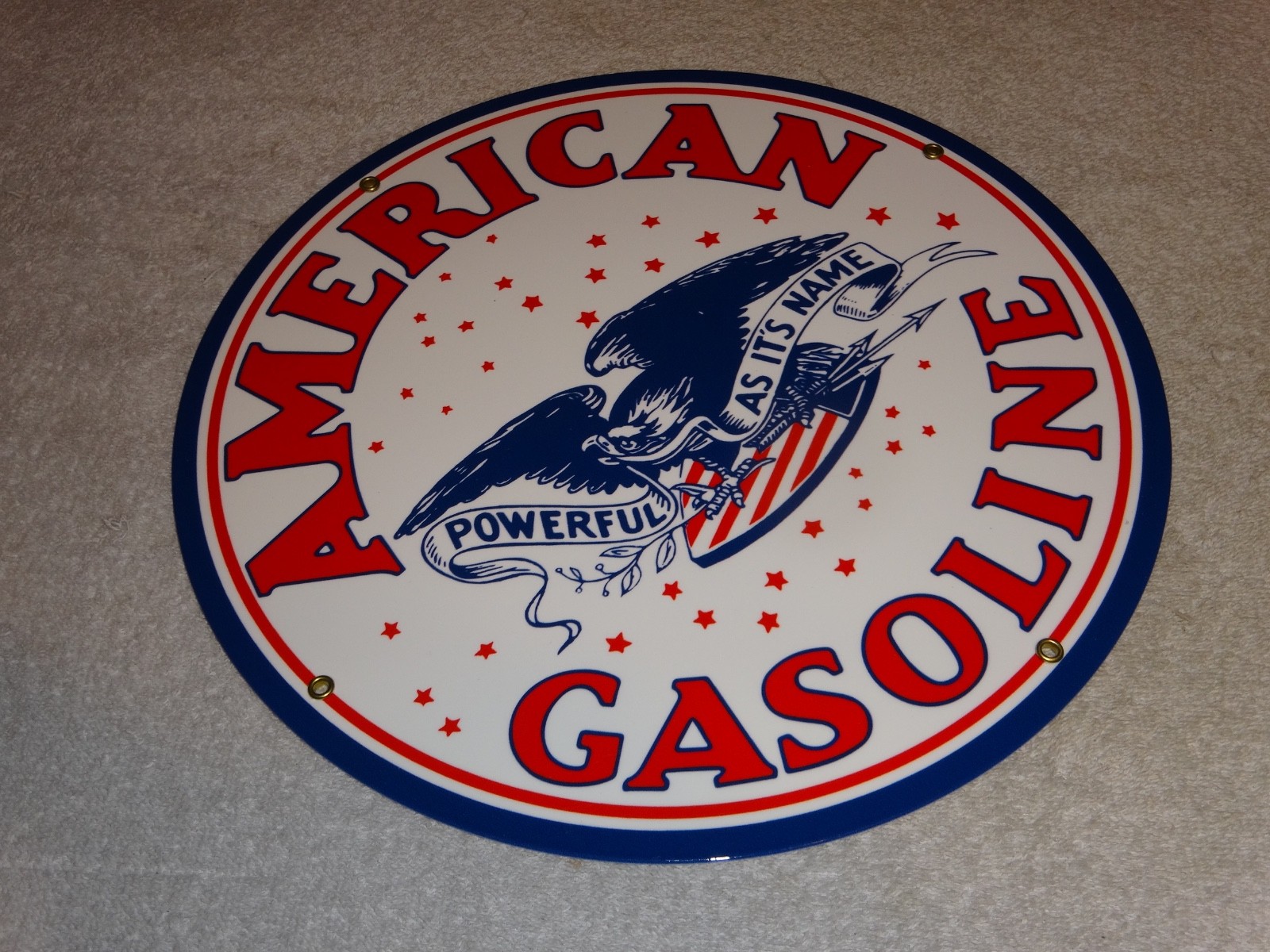 VINTAGE AMERICAN GASOLINE POWERFUL EAGLE 11 3/4″ PORCELAIN METAL GAS & OIL SIGN