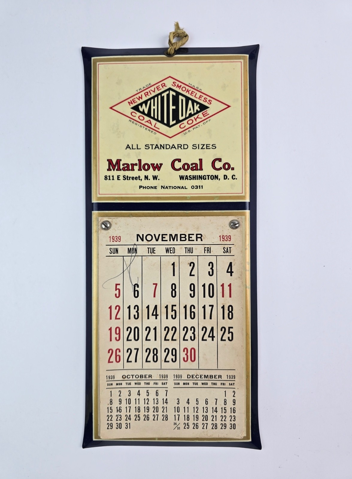1939 Marlow Coal. Co. Washington D.C. Blue Celluloid Calendar Sign White Oak