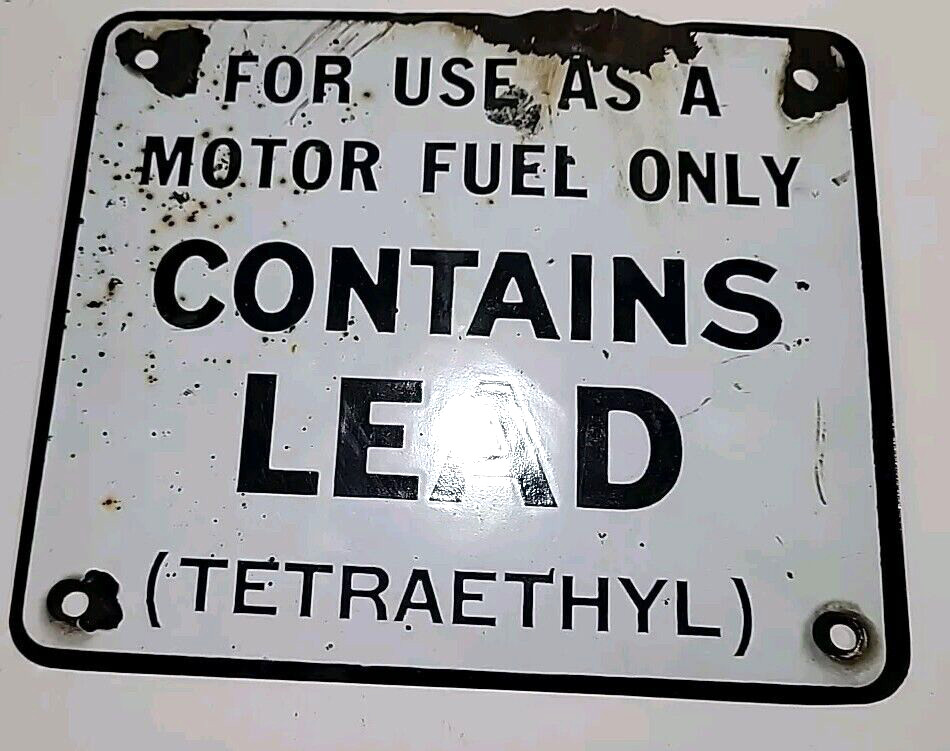 Rare Vtg 2-Sided Blue White Porcelain LEAD Warning Label Gas Pump Sign