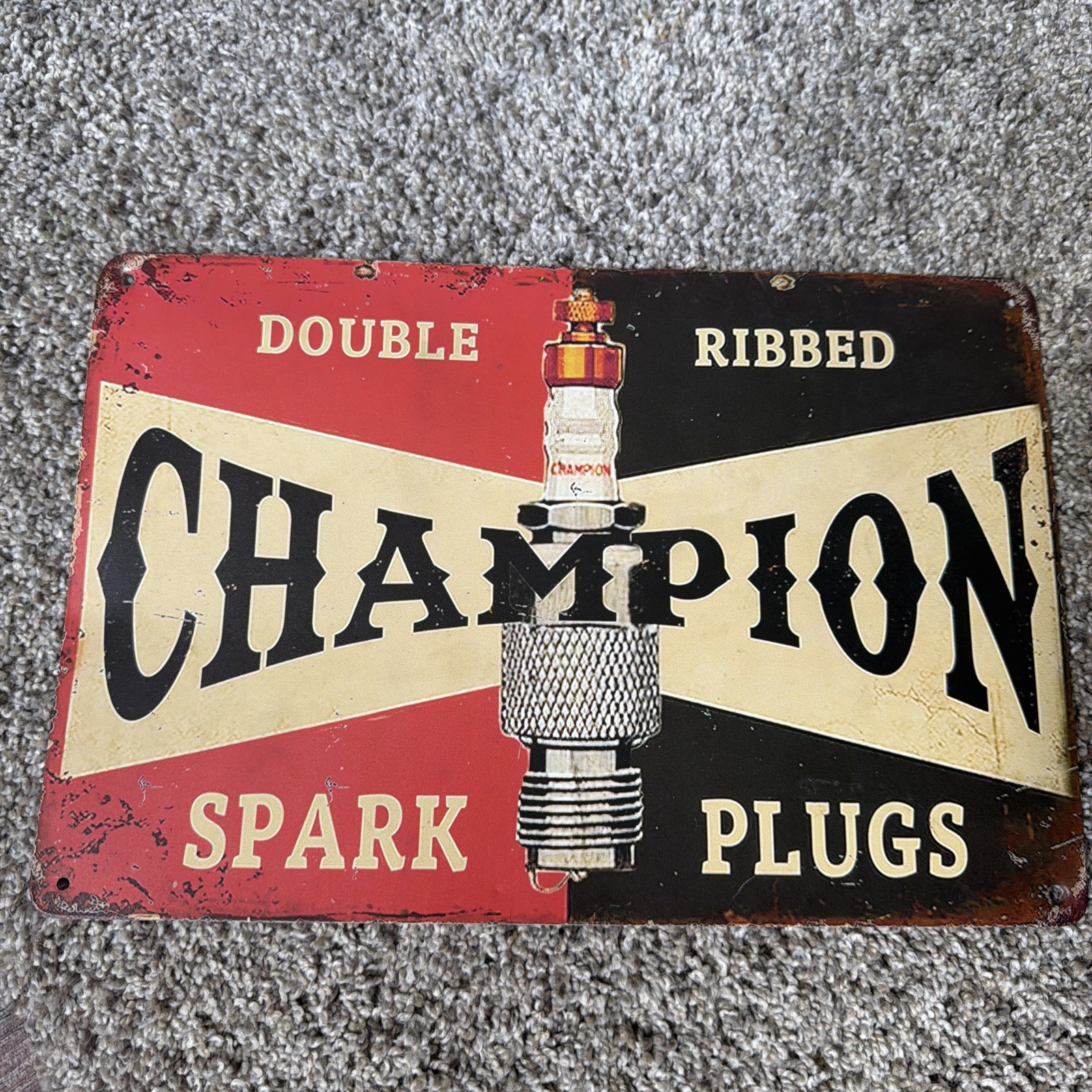 Champion Double Ribbed Spark Plugs Metal Sign