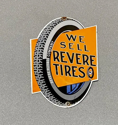 VINTAGE 12” REVERE TIRES PORCELAIN SIGN CAR GAS OIL TRUCK GASOLINE AUTOMOBILE