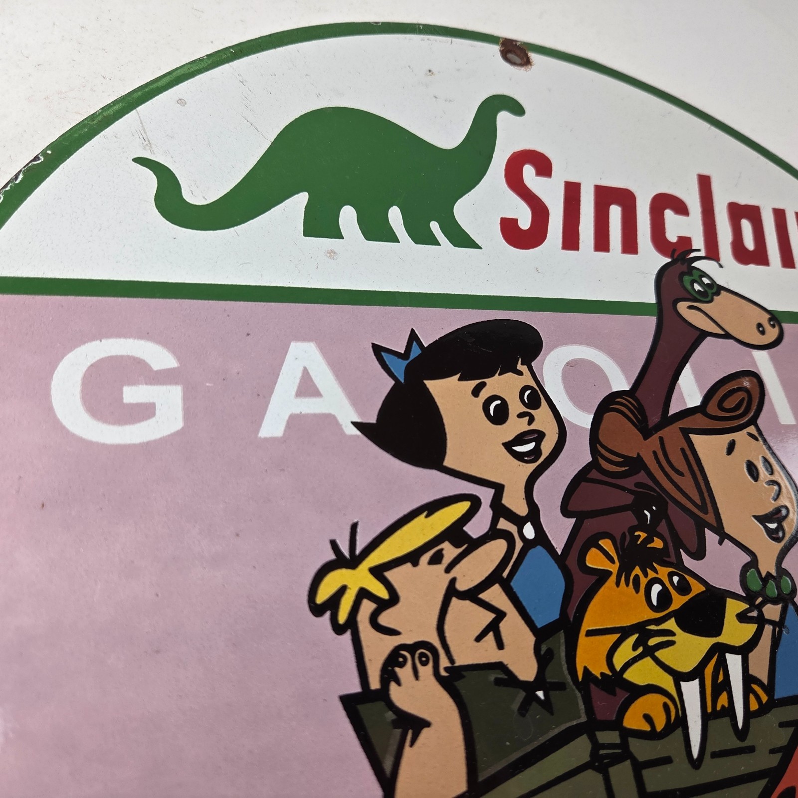 Vintage Sinclair Porcelain Sign – Flintstones Cave Man Gasoline Gas Station Sign
