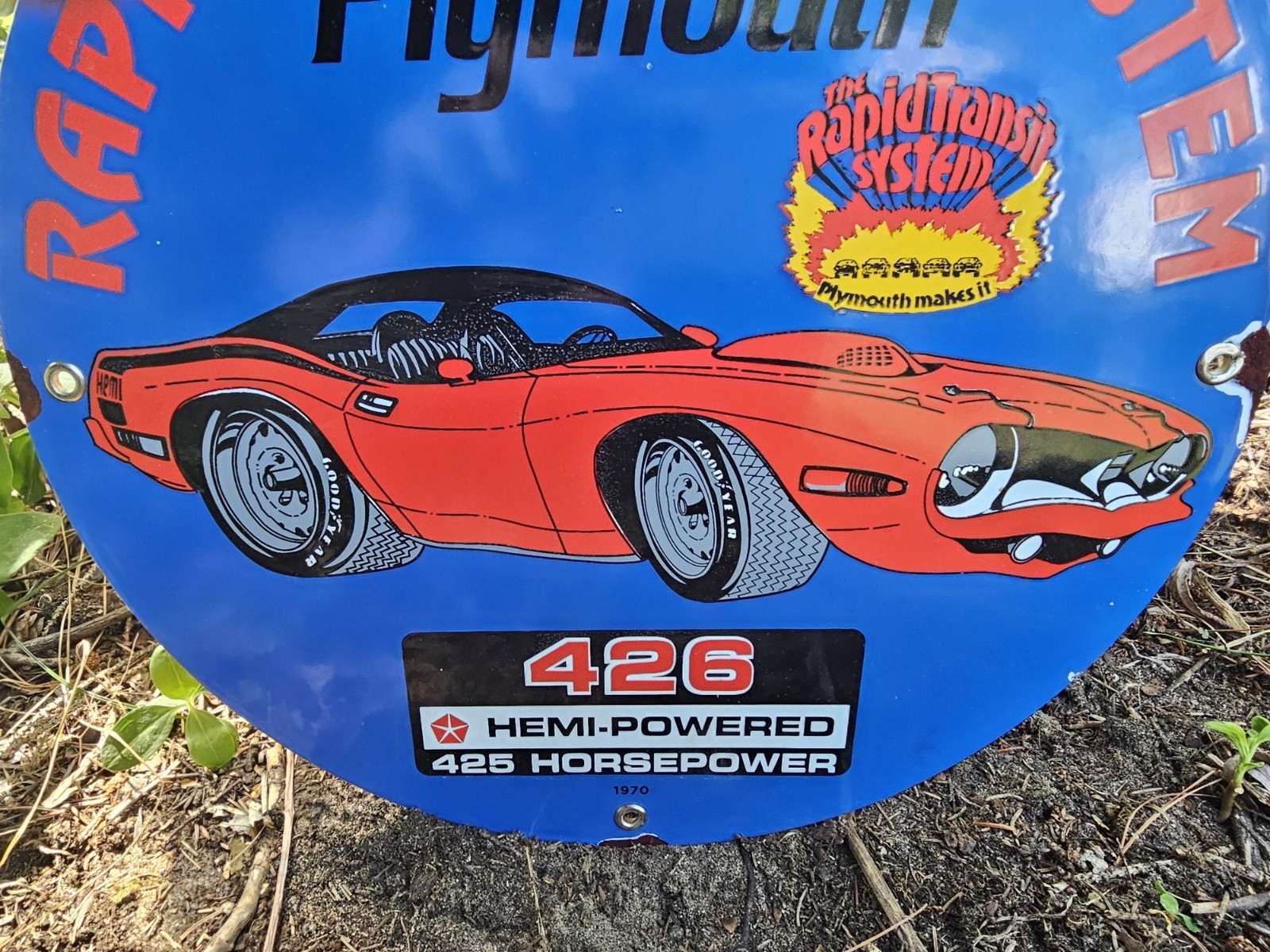 1970 VINTAGE ”PLYMOUTH” 426 HEMI 12 INCH PORCELAIN SIGN PUMP PLATE