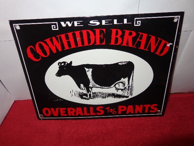 12 x 9 in COWHIDE BRAND OVERALLS & PANTS ADV. SIGN HEAVY DIE CUT METAL # S 165