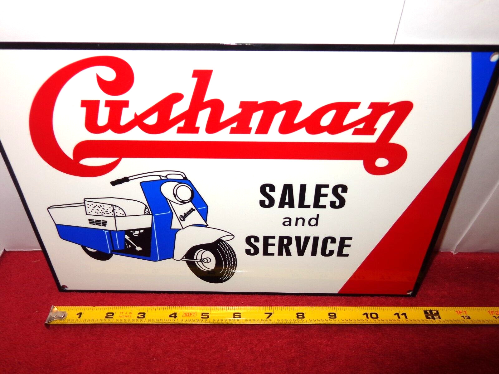 12 x 8 in CUSHMAN SCOOTERS SALES & SERVICE ADV. SIGN HEAVY DIE CUT METAL # S 55