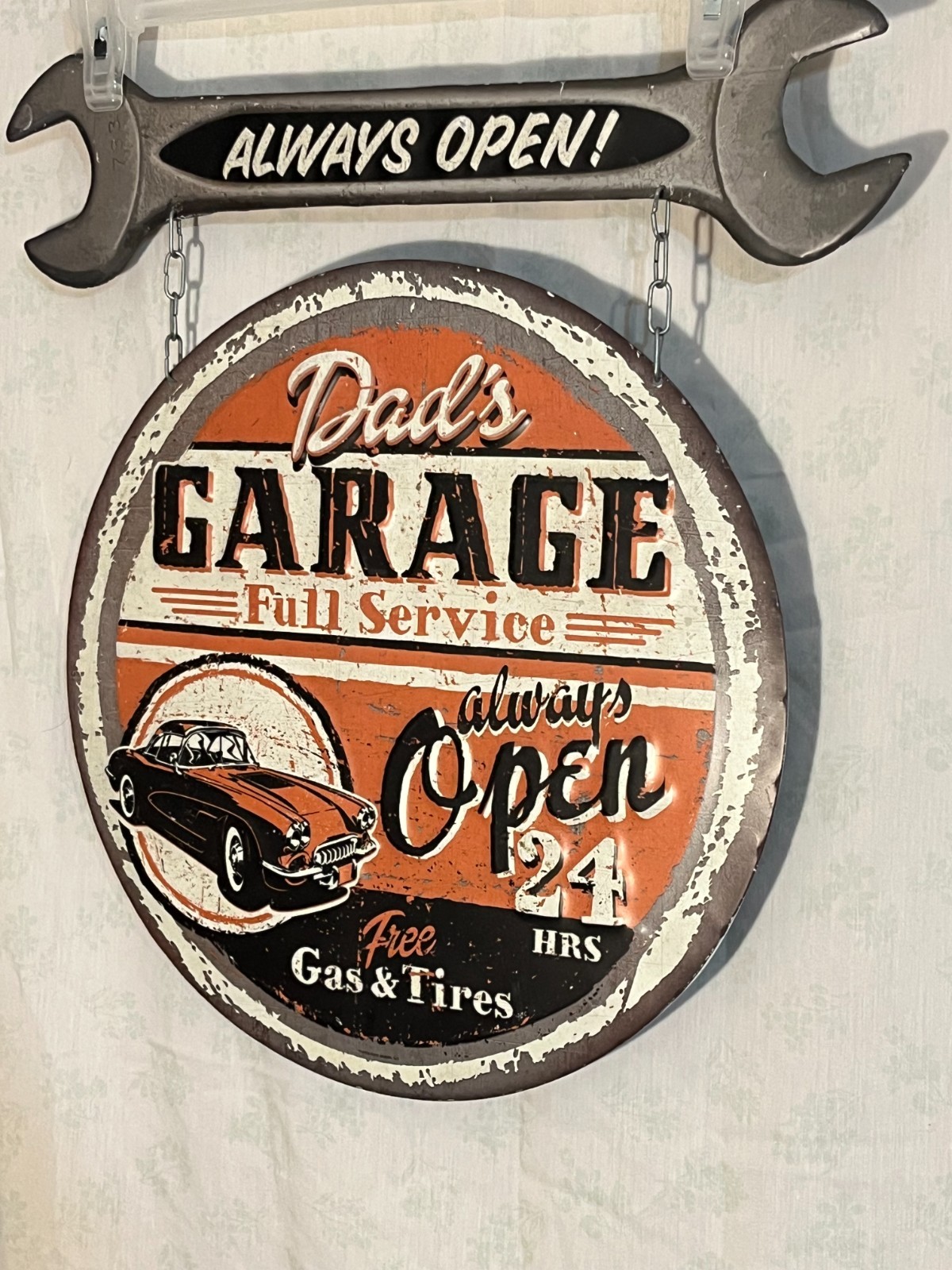 Large Vintage Style Dad’s Full Service Garage Always Open Metal Wall Mount Sign