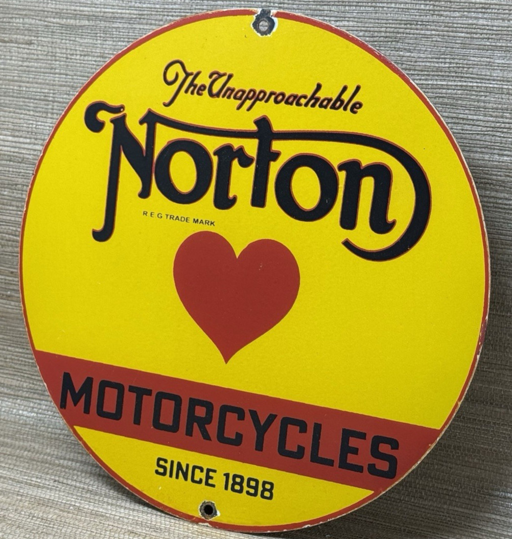 VINTAGE NORTON MOTORCYCLES PORCELAIN SIGN GENERAL MOTORS DEALERSHIP GAS OIL