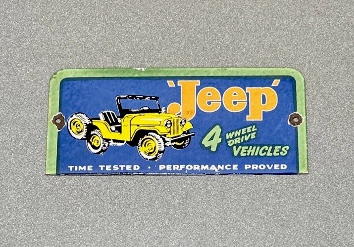 VINTAGE JEEP PLATE DEALERSHIP PORCELAIN SIGN CAR GAS OIL TRUCK MOTORCYCLE
