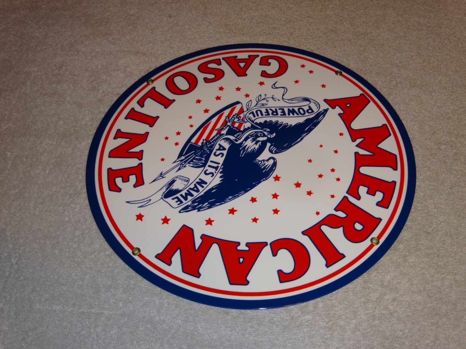 VINTAGE AMERICAN GASOLINE POWERFUL EAGLE 11 3/4″ PORCELAIN METAL GAS & OIL SIGN