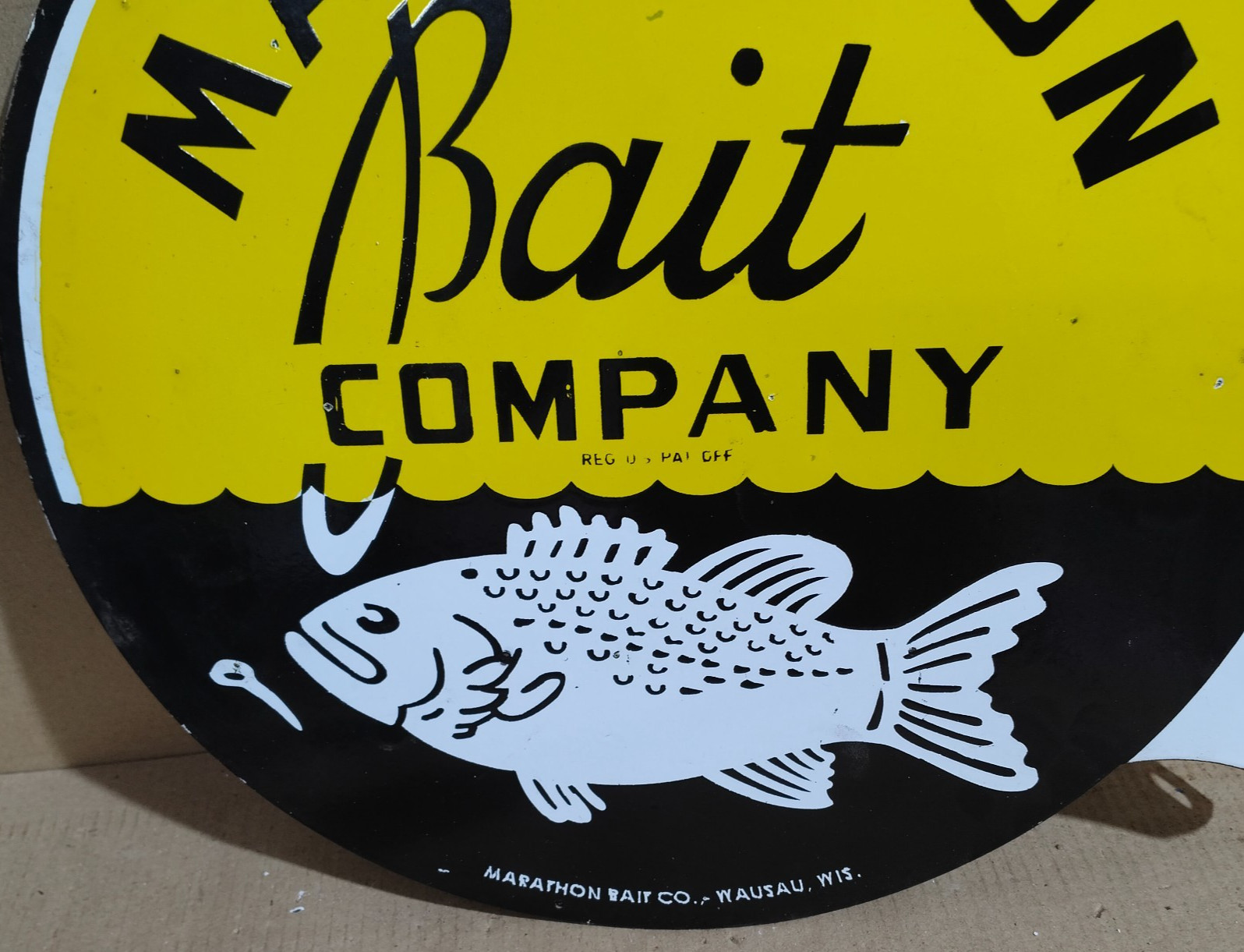 Marathon Bait Company Porcelain Enamel Sign 19.5 x 17 Inches 2 Sided