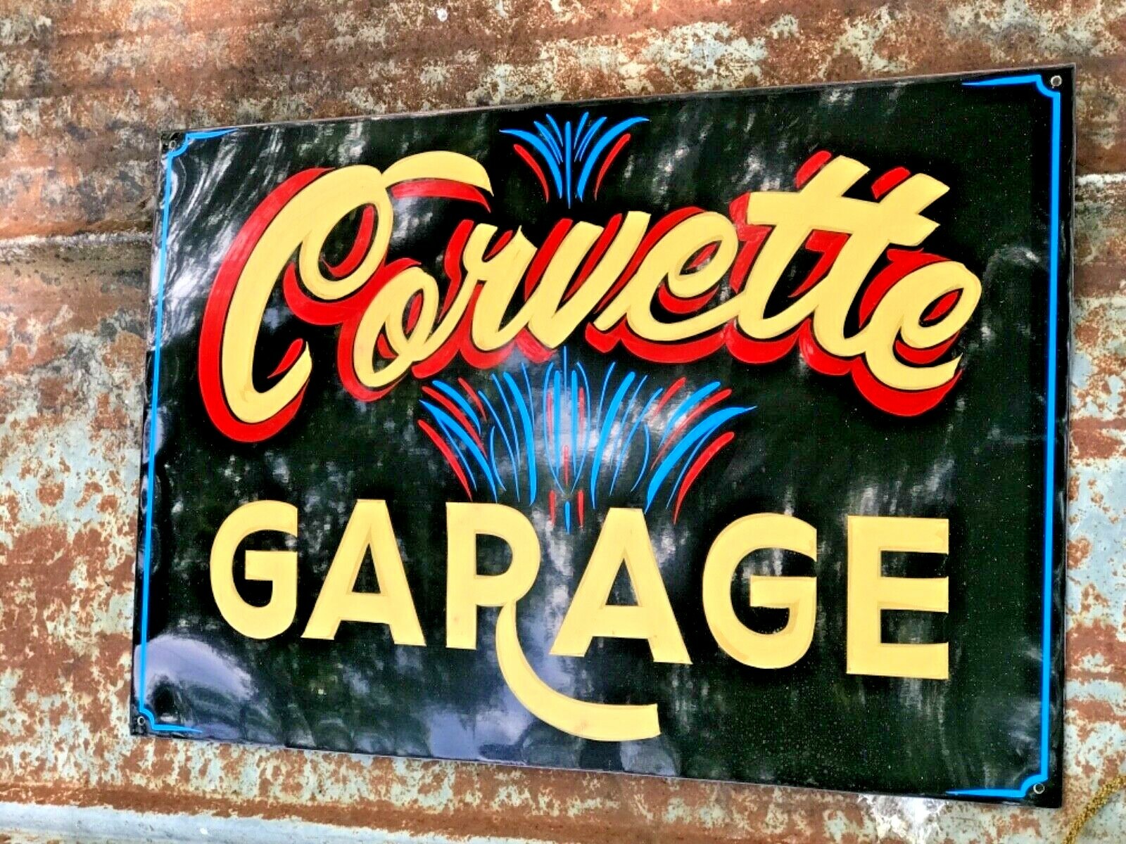 Vintage CHEVY Corvette Garage Painted HOT Rod Man Cave Car Dealer SIGN Pinstripe