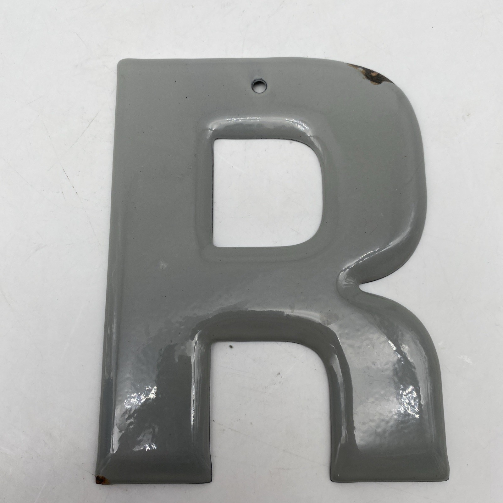 Vintage gray Porcelain Letter “R” Metal enamel 5.75” 5 3/4” grey