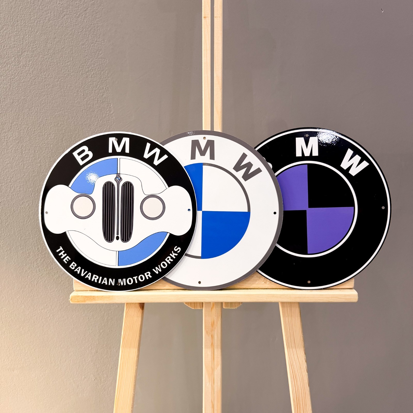 BMW Logo Set (3 PCS) Metal Signs – Classic, Grille & Black Purple – 30 cm (11.8”