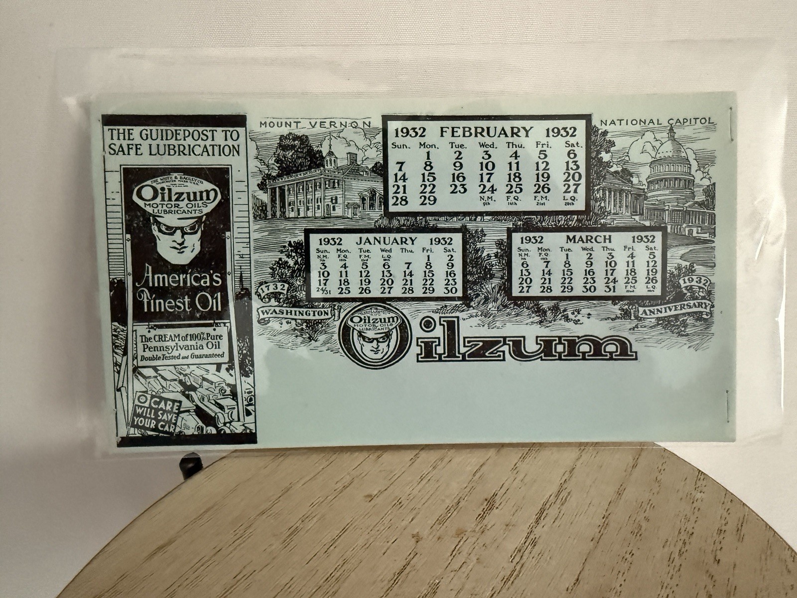 Vintage OILZUM Motor Oil – 1932 Calendar 3 months RARE 3.5″ x 6″