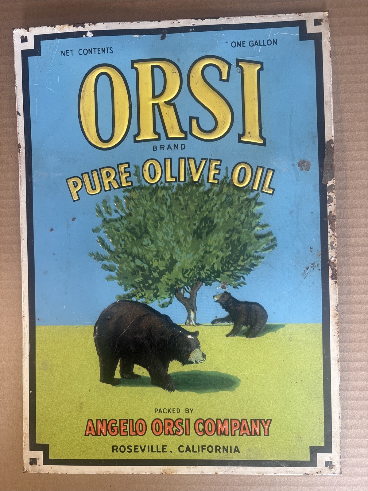 Vintage Orsi Pure Olive Oil Embossed Tin Ad Sign -Angelo Orsi Co Roseville, CA