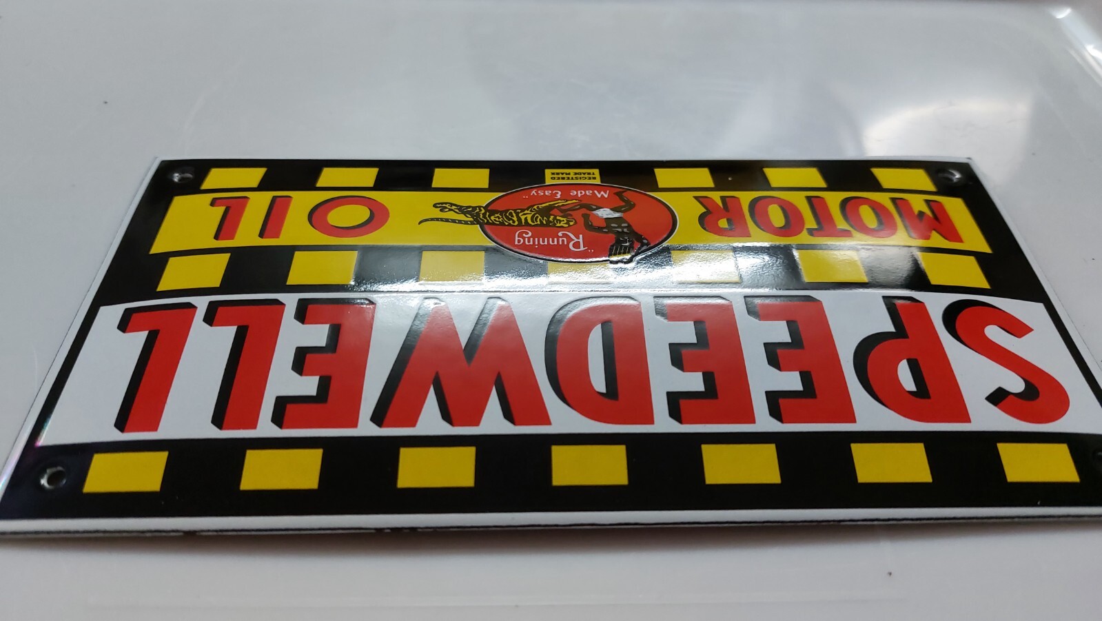 SPEEDWELL MOTOR OIL PORCELAIN DOOR ENAMEL GARAGE SIGN 10x20cm=4×8″