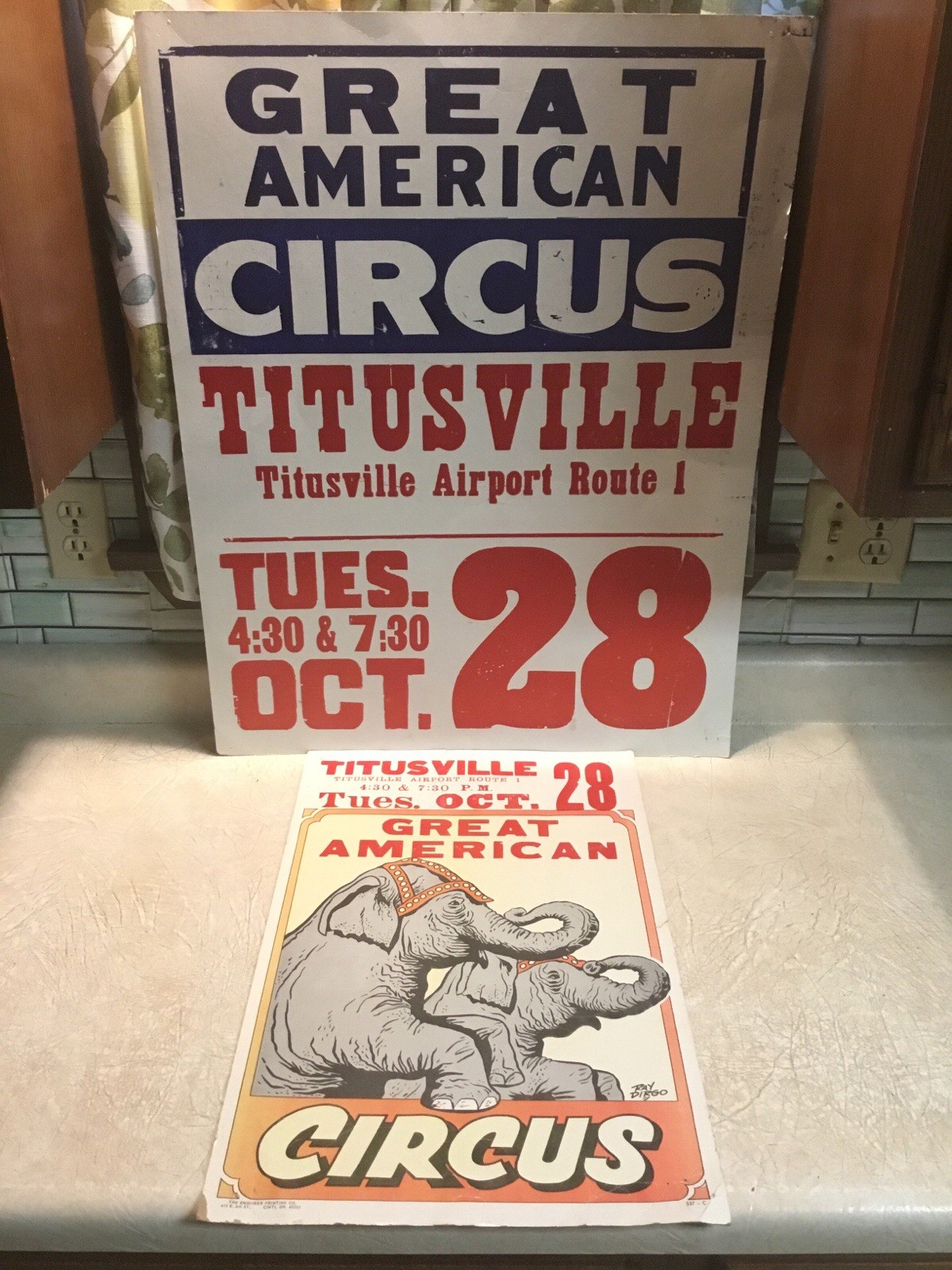 2 TITUSVILLE Giant Elephants 1960 Great American Circus Poster 1St OIL WELL USA