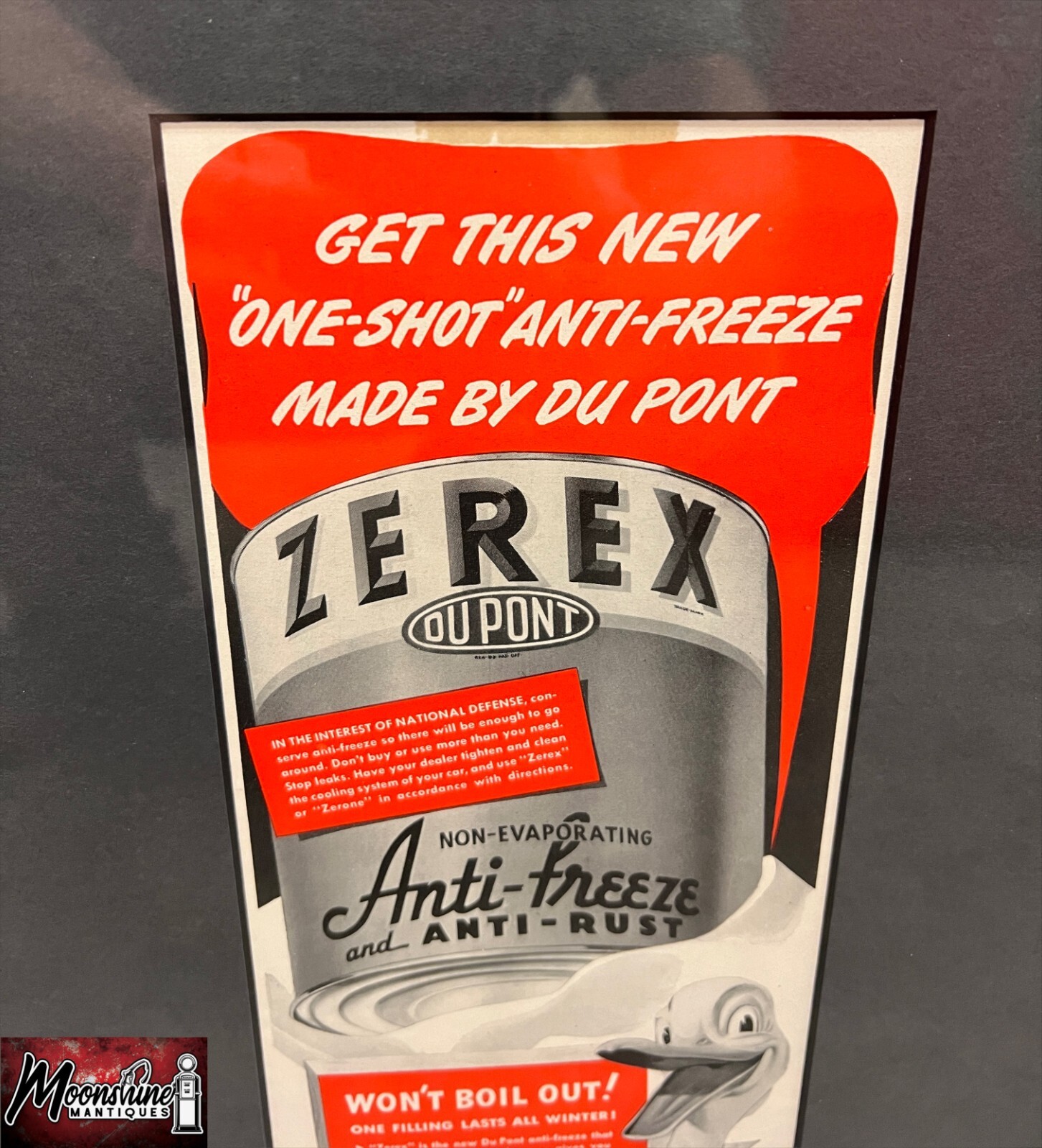 1941 ZEREX DuPont Anti-Freeze Professionally Framed Print Ad – Gas & Oil Sign