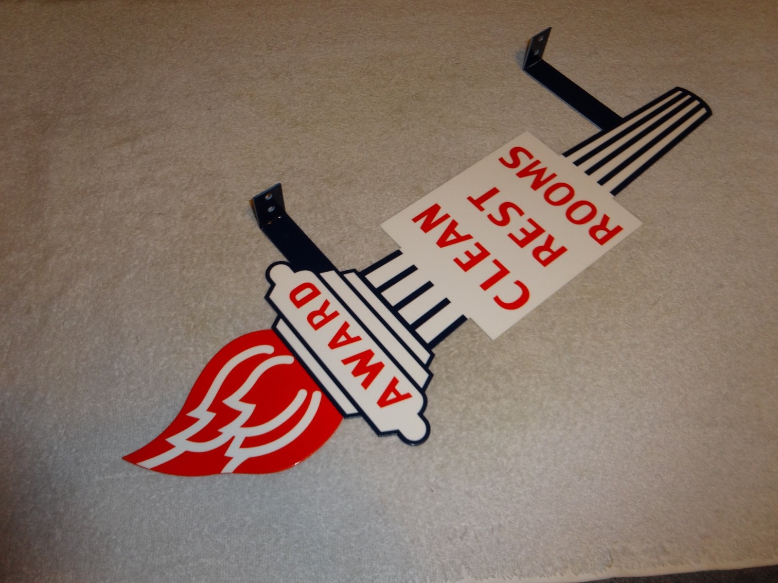 VINTAGE STANDARD GASOLINE TORCH CLEAN RESTROOM HUGE 2′ METAL AWARD BATHROOM SIGN