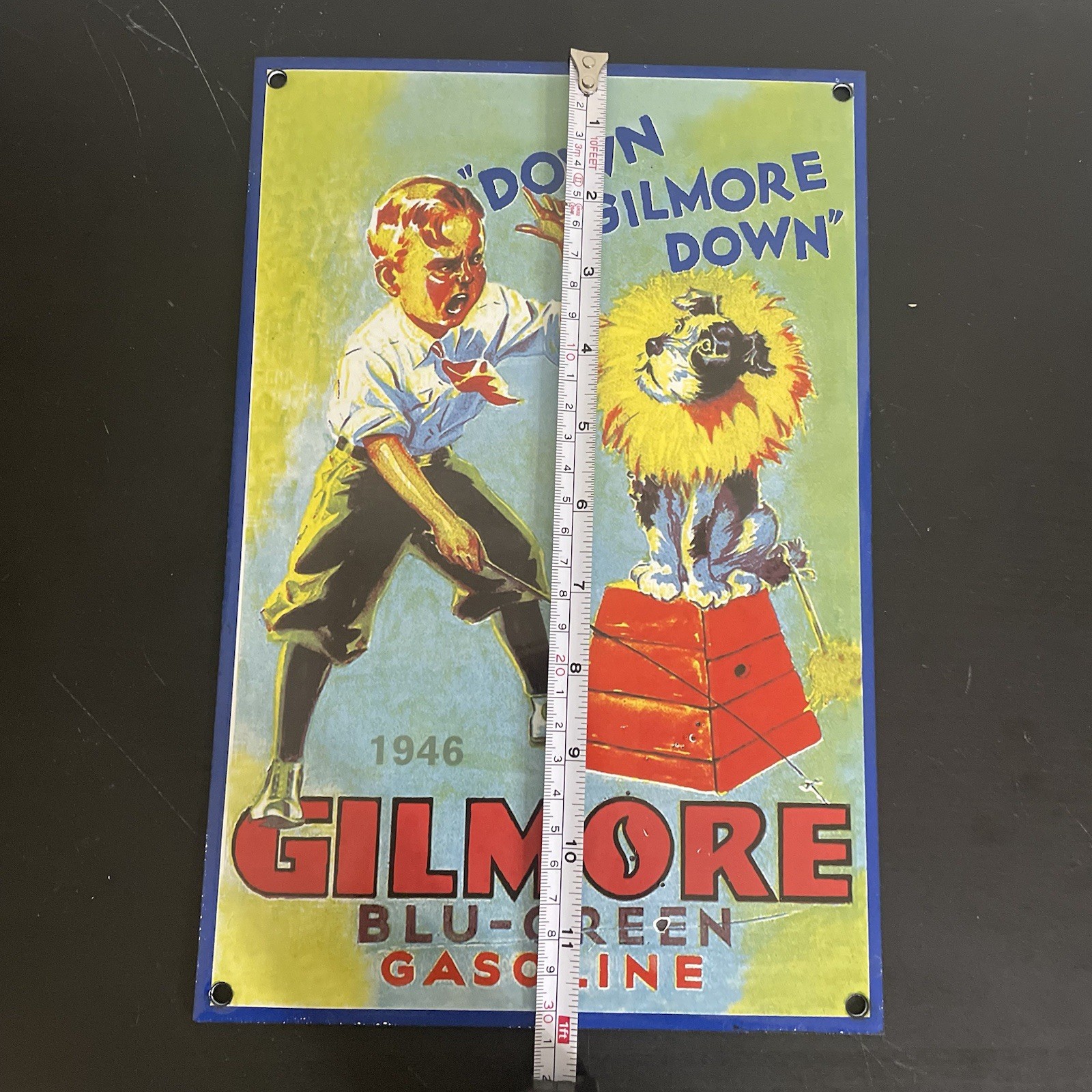 VINTAGE GILMORE DOG GASOLINE MOTOR OIL PORCELAIN SIGN