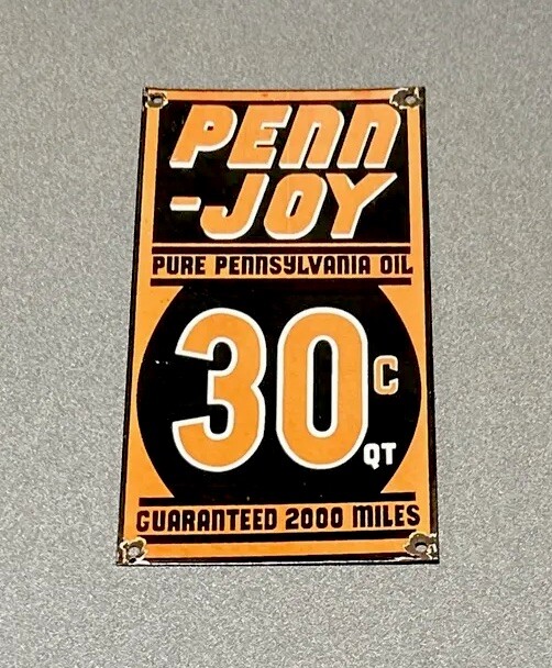 VINTAGE 12” PENN JOY PORCELAIN SIGN CAR GAS TRUCK AUTO OIL