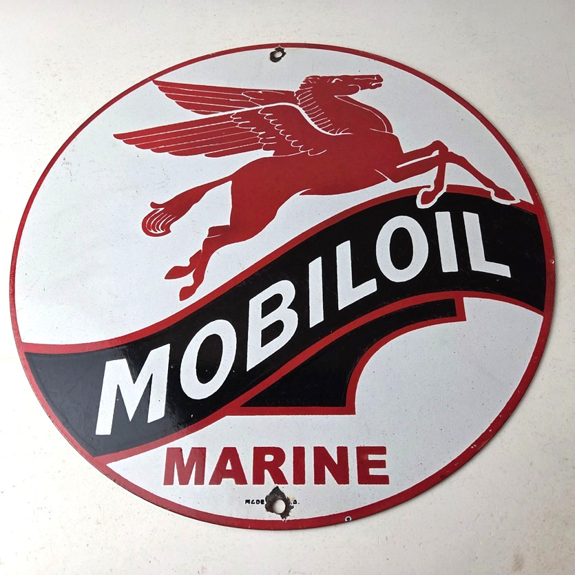 Vintage Mobiloil Porcelain Sign – Marine Pegasus Oil Advertising Sign