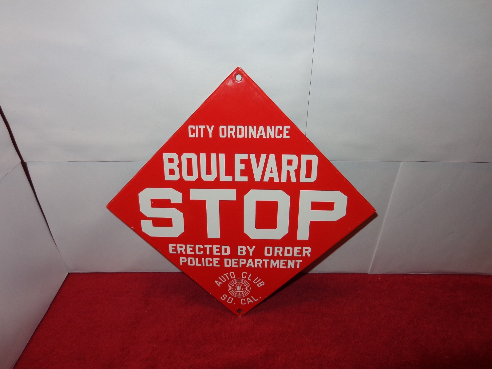 11 1/2 x 11 1/2 in STOP AUTO CLUB SO. CAL. SIGN HEAVY METAL PORCELAIN #Z 140