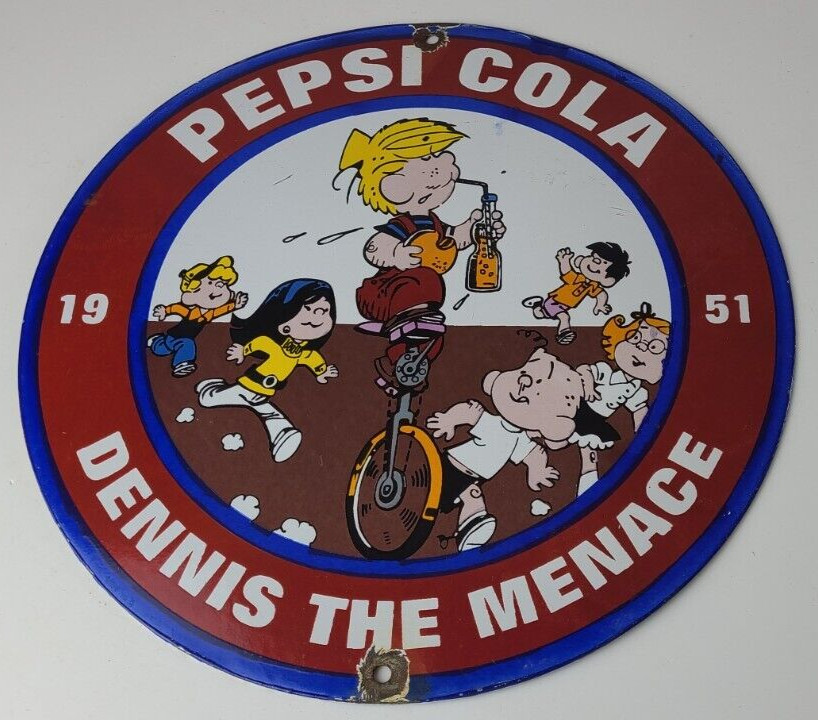 Vintage Pepsi Cola Sign – Beverage Dennis the Menace Porcelain Gas Pump Sign