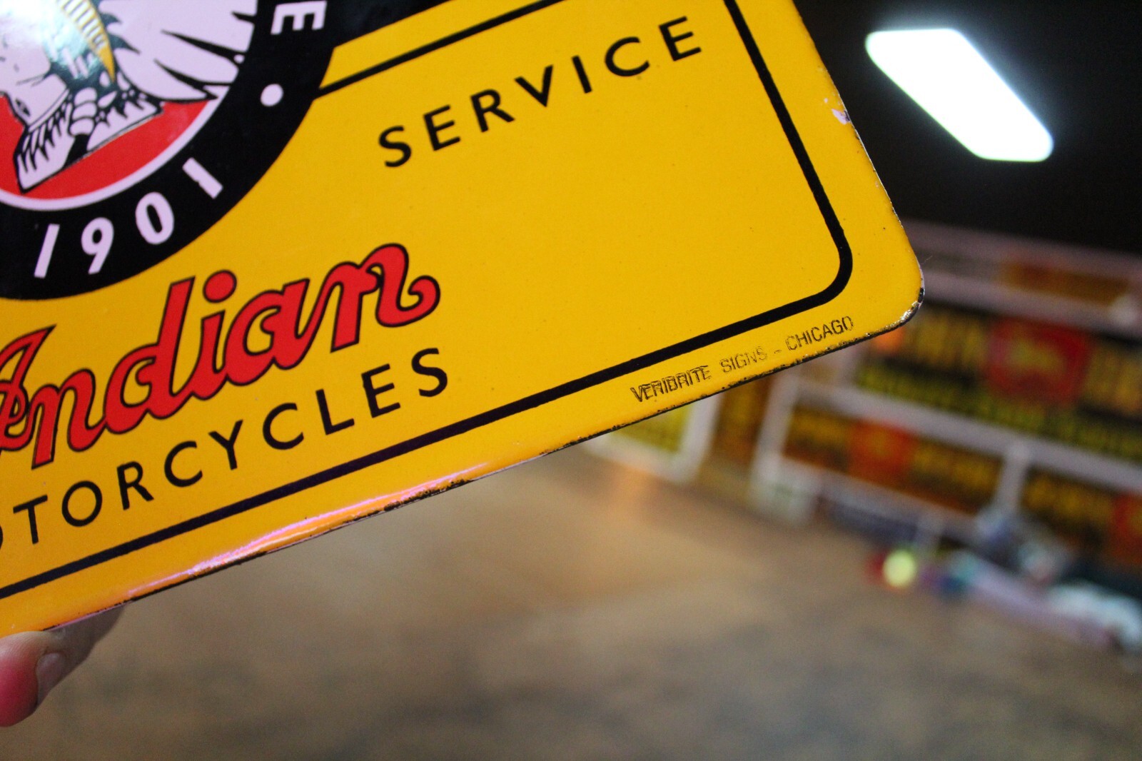 INDIAN MOTORCYCLE DEALER SALES SERVICE PORCEALIN METAL SIGN HARLEY GAS OIL FORD
