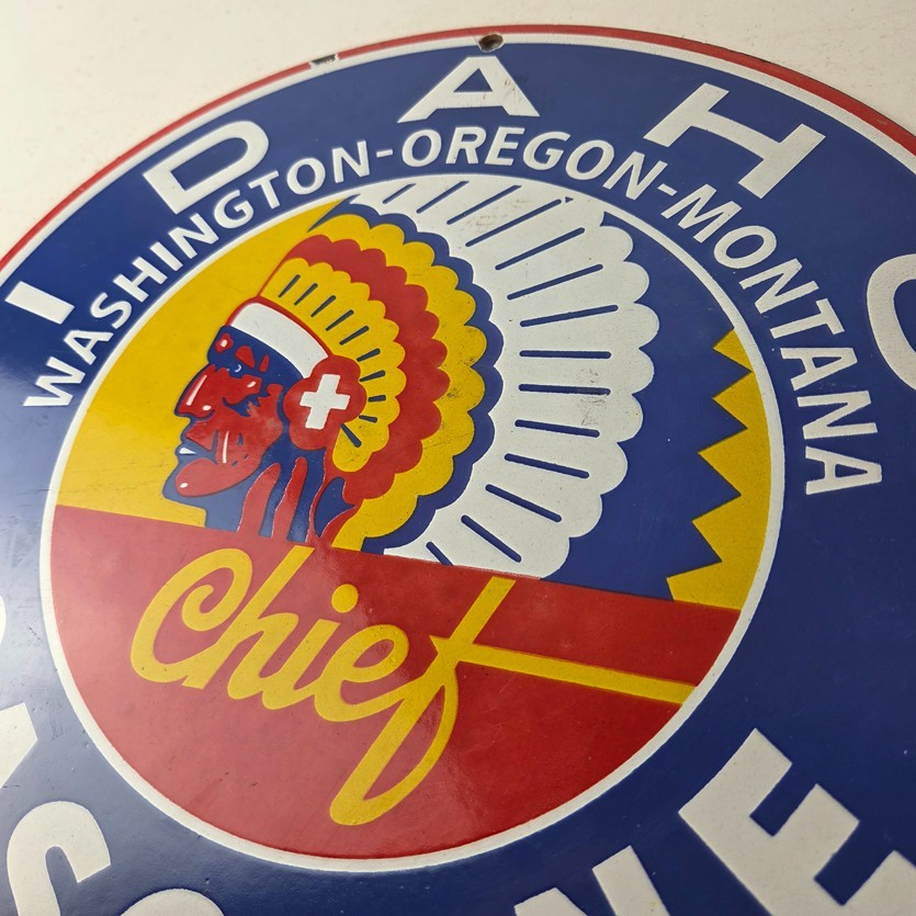 Vintage Idaho Gasoline Sign – Indian Chief Gas Motor Oil Pump Porcelain Sign