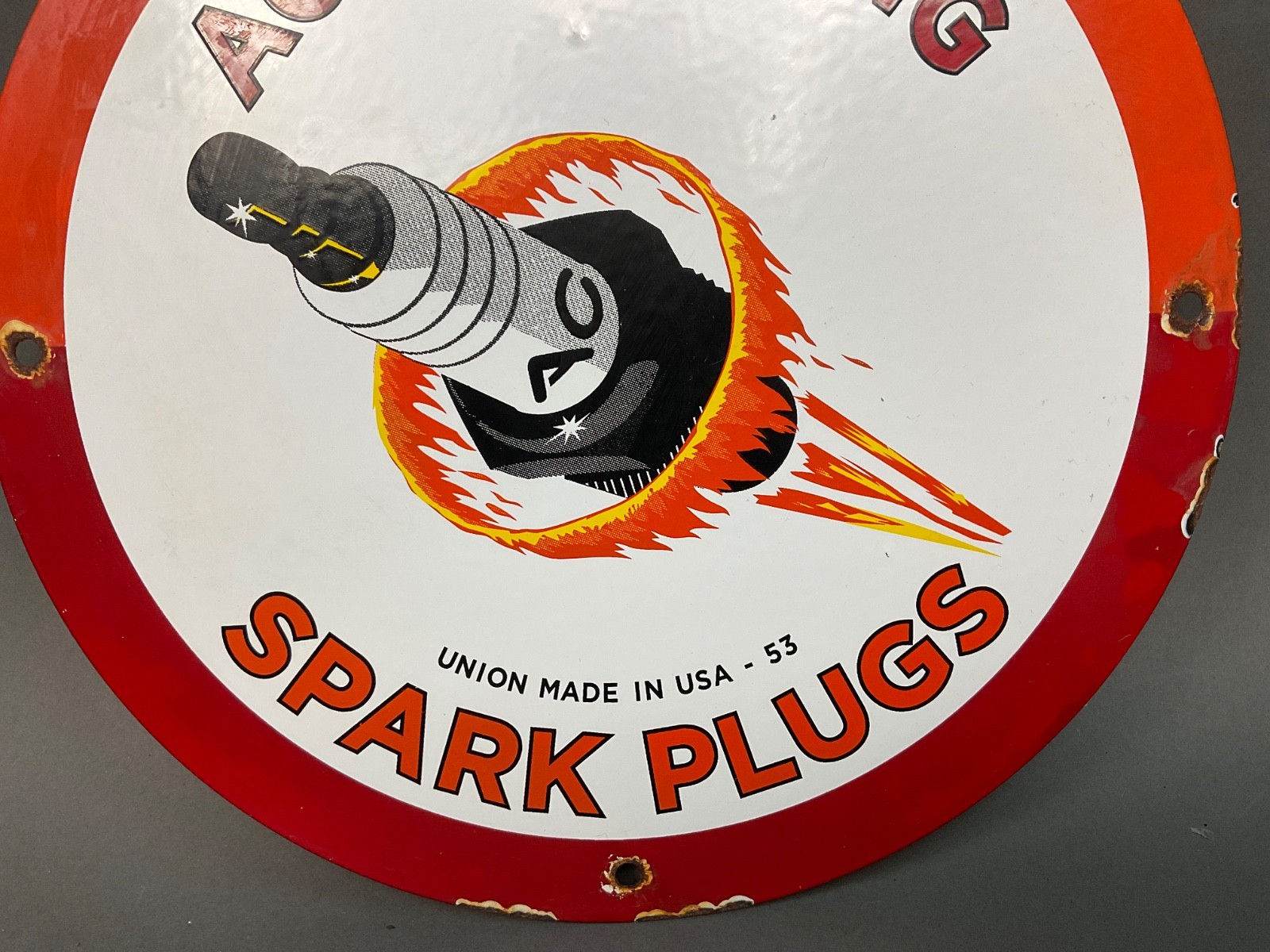 Original VINTAGE 1953 AC FIRE – RING SPARK PLUGS PORCELAIN SIGN 12″ Diameter
