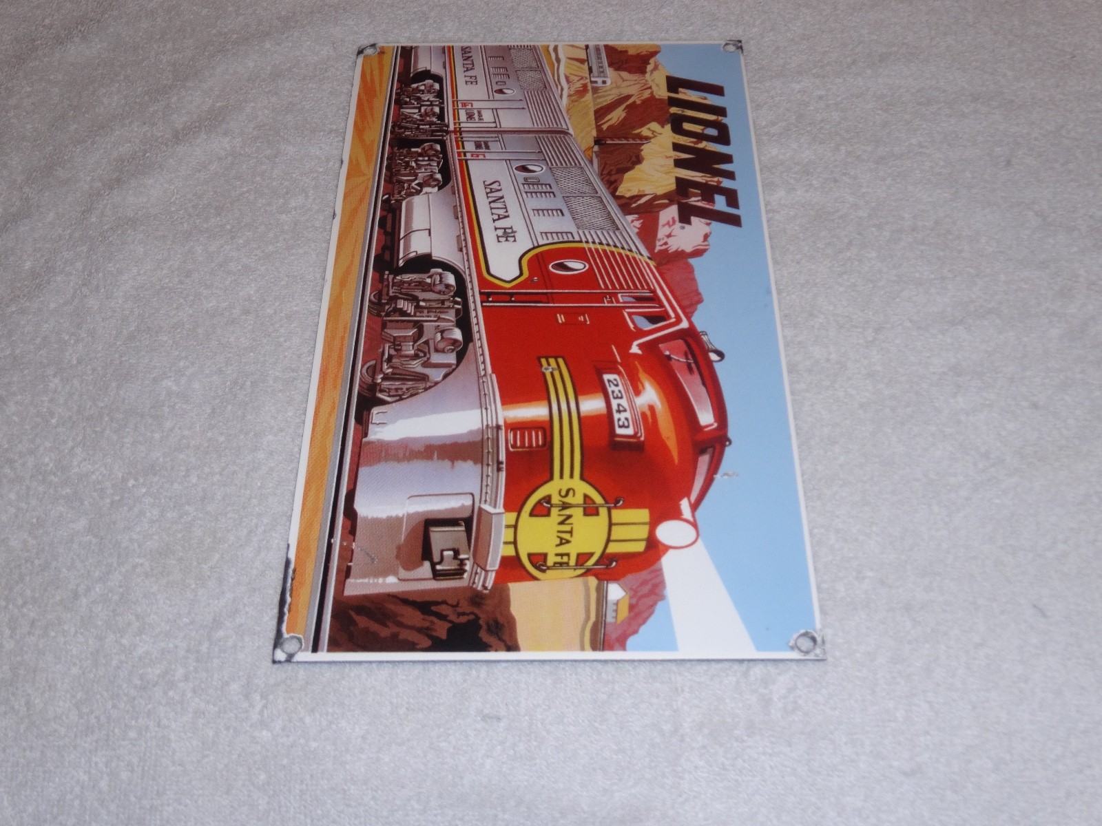VINTAGE LIONEL SANTA FE TRAIN NORTHERN STEAM LOCOMOTIVE 14″ PORCELAIN METAL SIGN