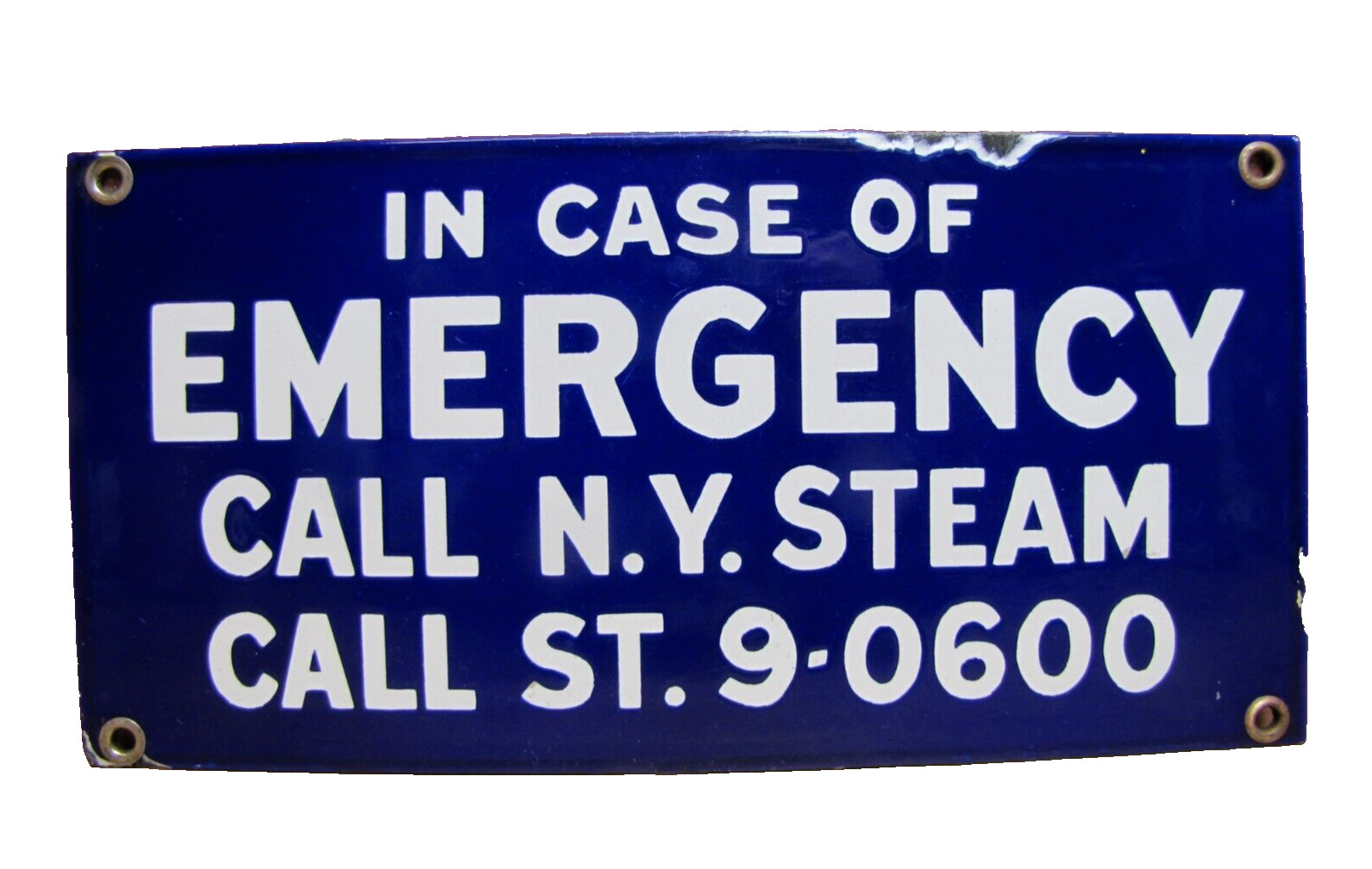 IN CASE OF EMERGENCY CALL NY STEAM Original Old Porcelain Advertising Sign NYC