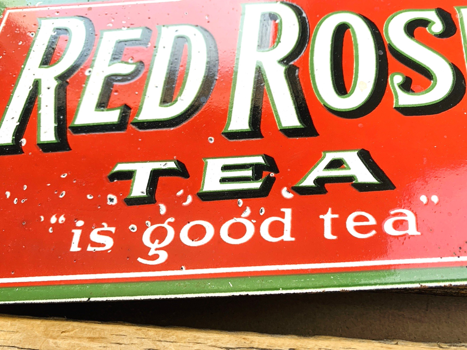 VINTAGE 12×6.5″ RED ROSE TEA PORCELAIN SERVICE PUMP STATION GASOLINE AD OIL SIGN
