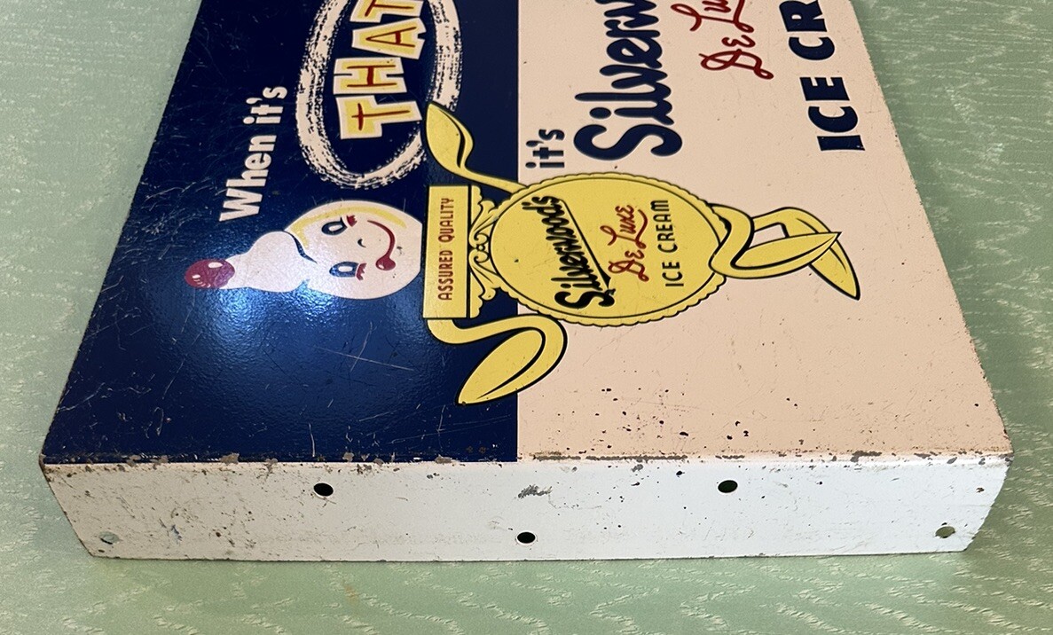 Silverwoods DeLuxe Ice Cream Painted Metal 2 Sided Flange Sign Stout Sign Co.