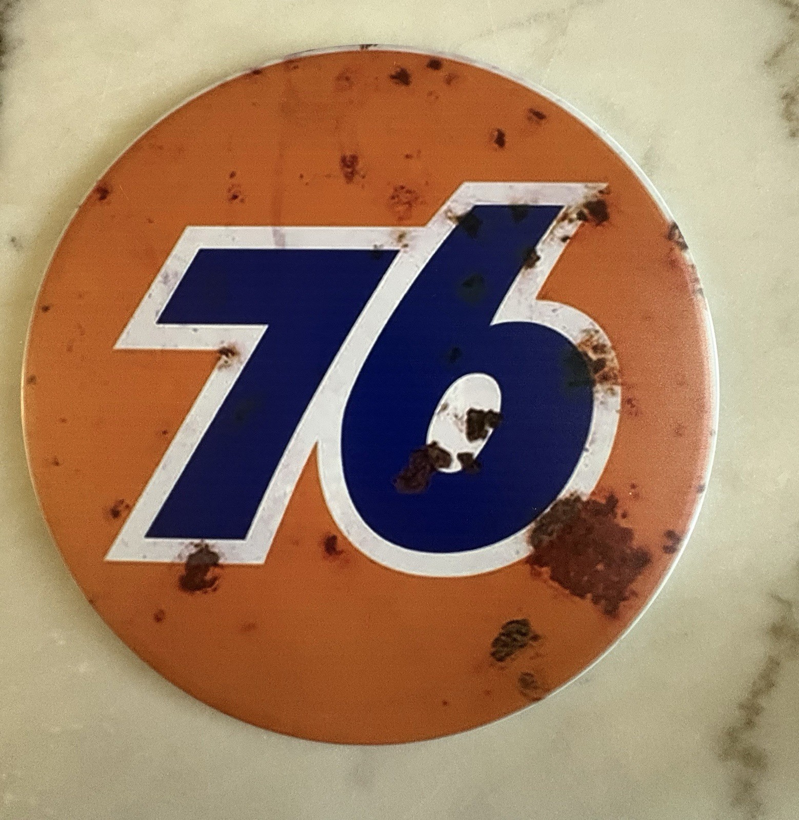 76 Gas & Oil Advertising Metal Round Sign Orange Blue White Collectible Logo