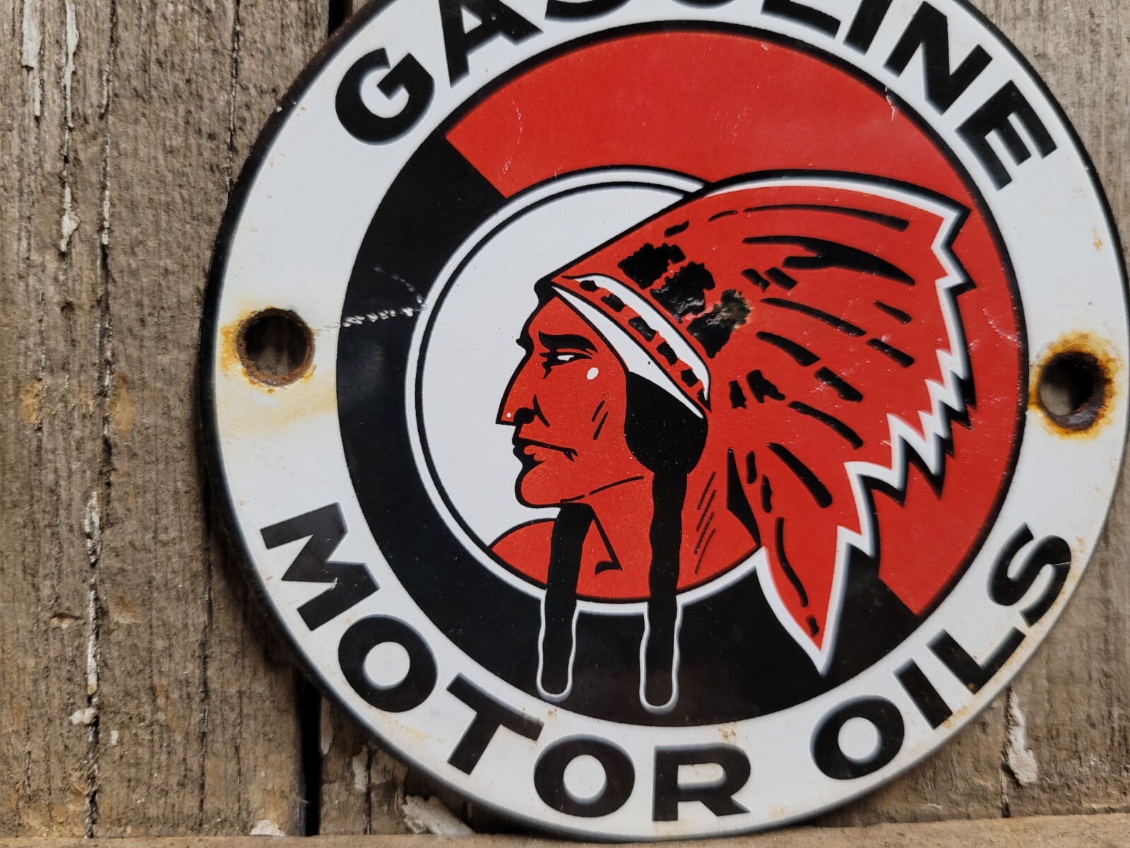 VINTAGE MCCOLL FRONTENAC PORCELAIN SIGN ETHYL MEDALLION OLD GAS OIL RED INDIAN