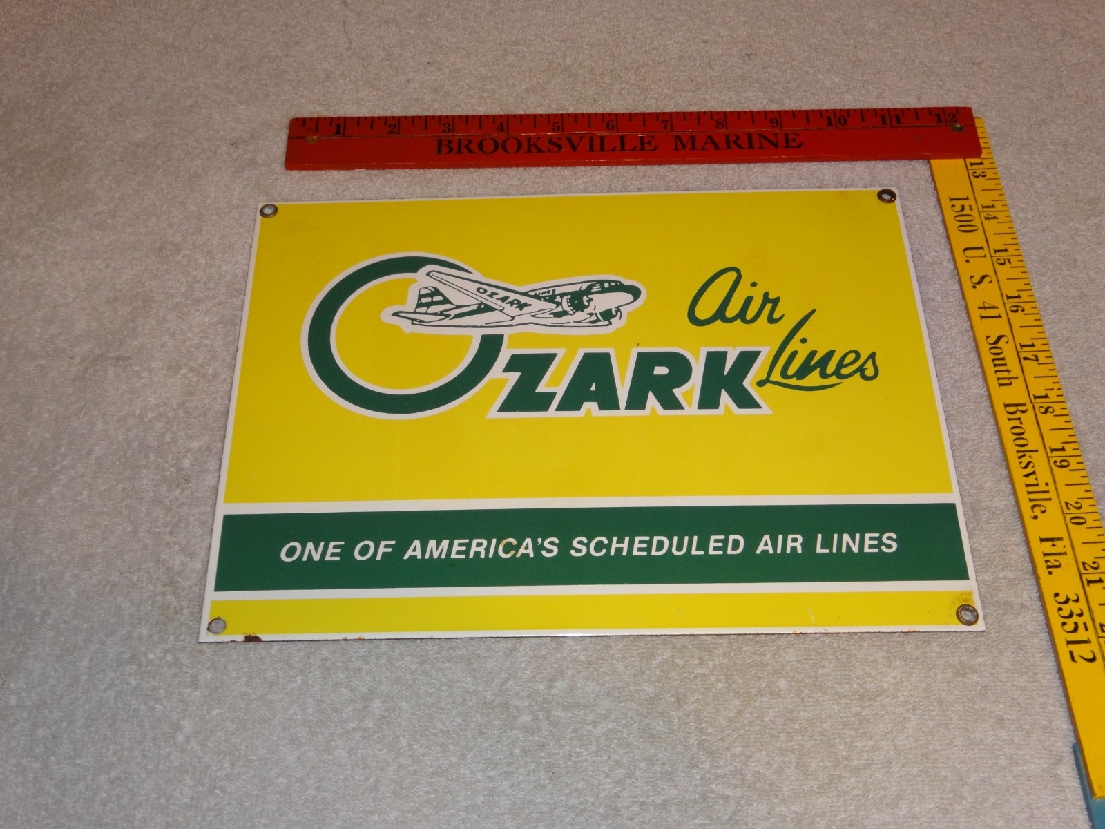 VINTAGE OZARK AIRLINES W/ AIRPLANE 12″ PORCELAIN METAL AIRPORT GASOLINE OIL SIGN
