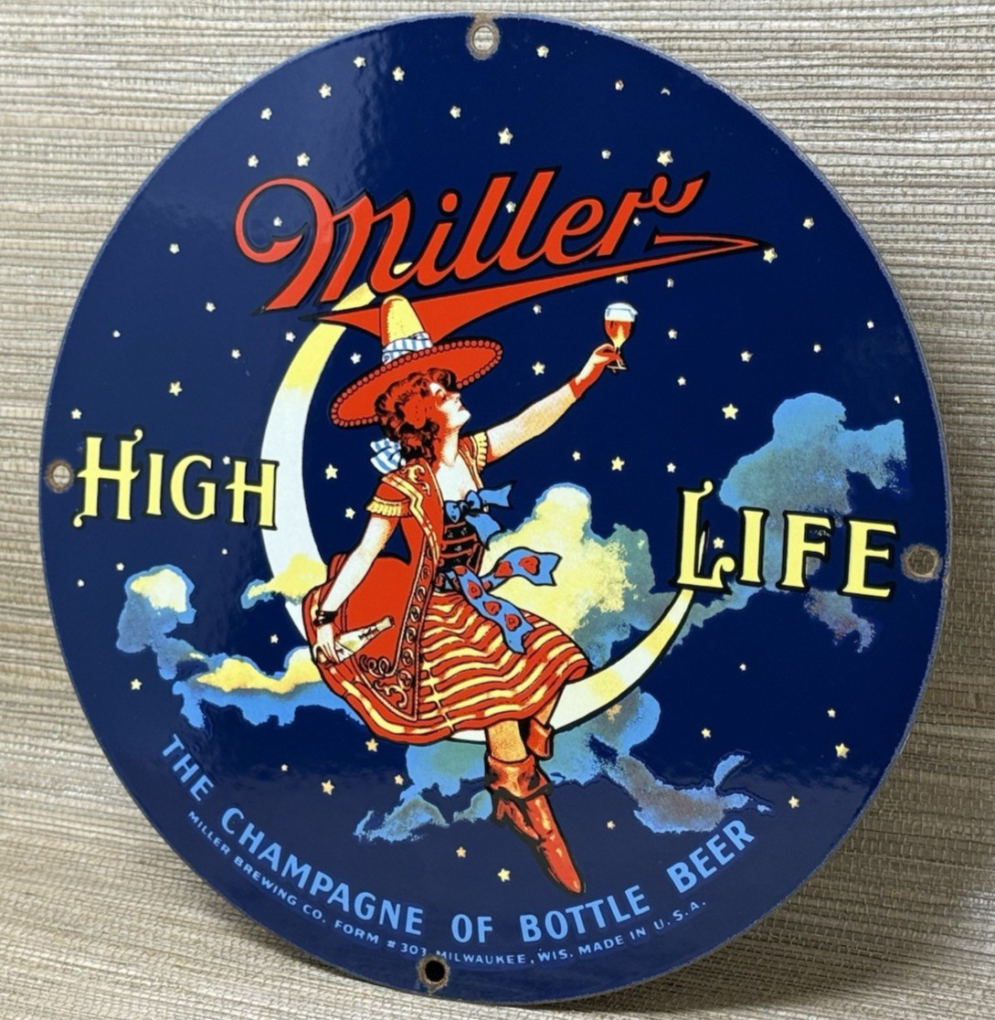 VINTAGE MILLR HIGH LIFE BEER PORCELAIN SIGN GAS STATION OIL LIQUOR STORE BOTTLE