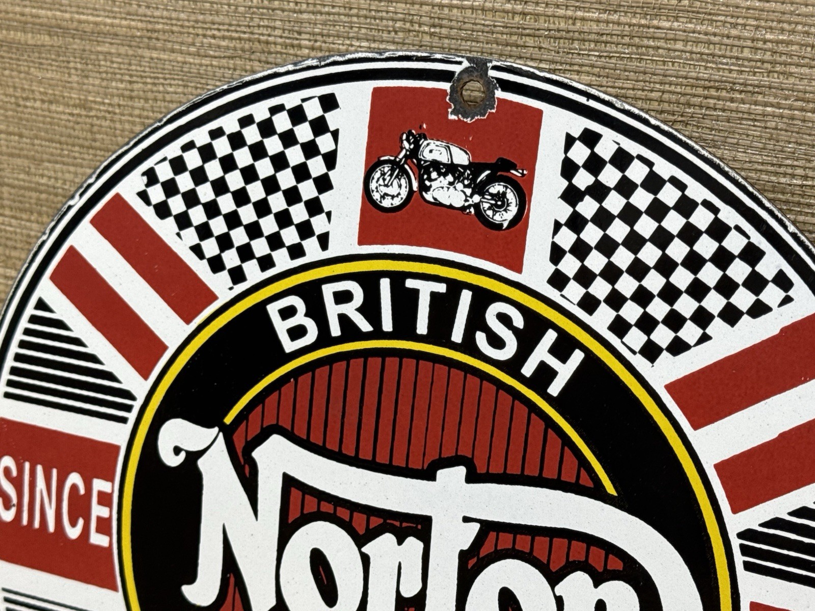 VINTAGE NORTON MOTORCYCLES PORCELAIN SIGN GENERAL MOTORS DEALERSHIP GAS OIL