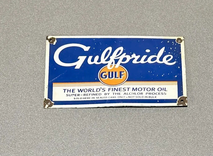 VINTAGE 12” GULF GULFPRIDE PORCELAIN SIGN CAR GAS TRUCK GASOLINE OIL