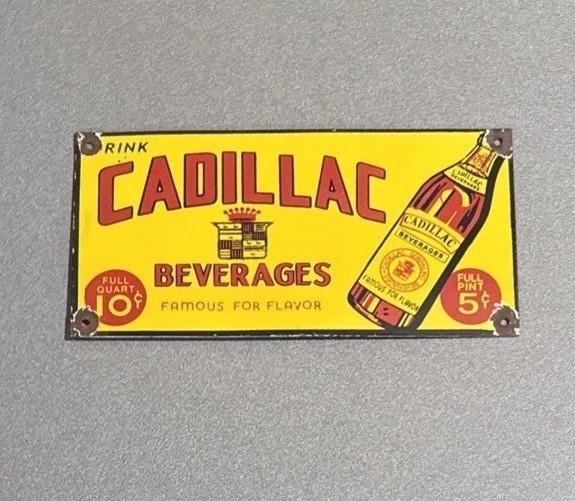 VINTAGE 12” CADILLAC SODA COLA PORCELAIN SIGN CAR GAS OIL TRUCK MOTORCYCLE