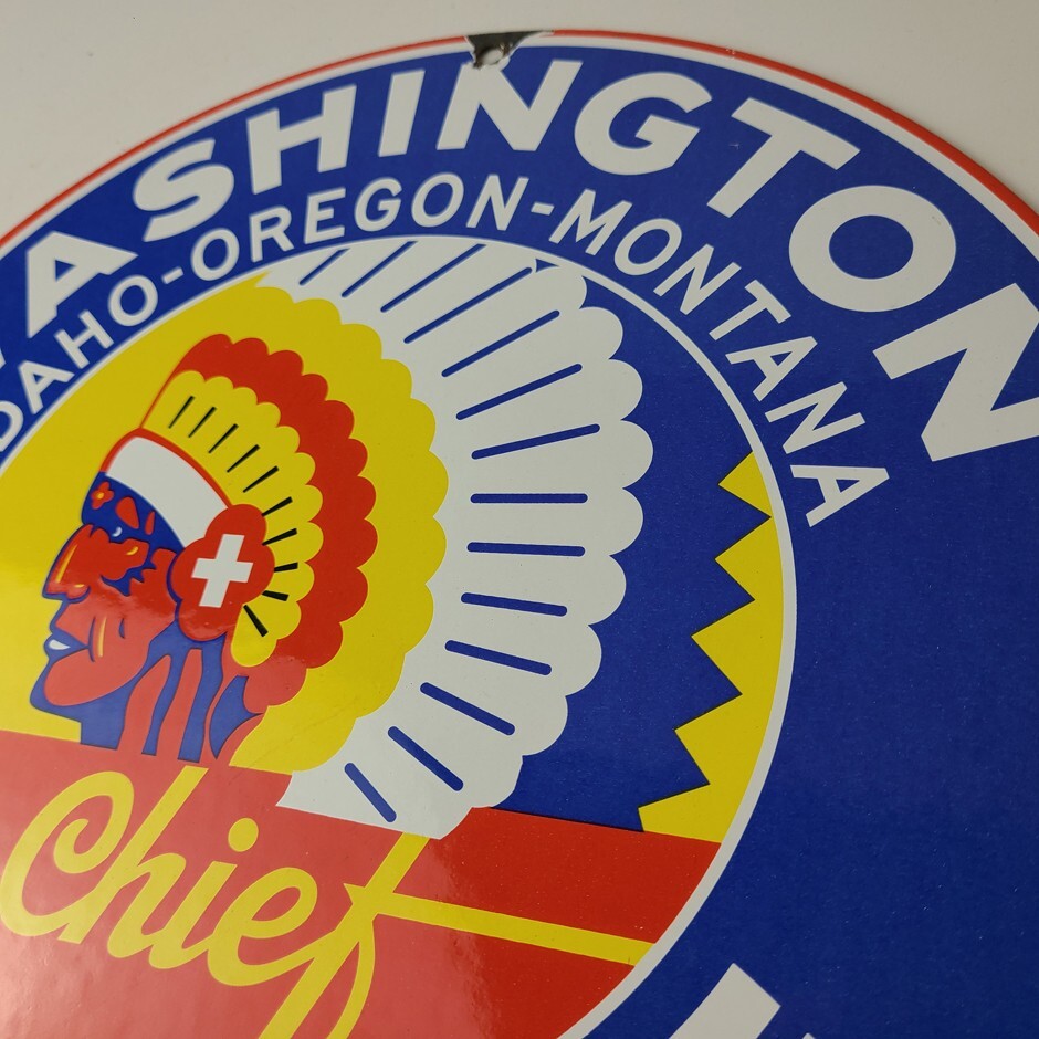 Vintage Washington Gasoline Sign – Indian Chief Gas Pump Porcelain Service Sign