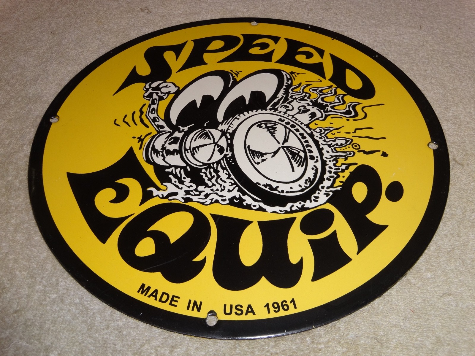 VINTAGE 1961 MOON EYES SPEED EQUIPMENT 11 3/4″ PORCELAIN METAL GASOLINE OIL SIGN